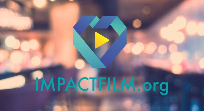Impactfilm.com Schriftzug mit Logo in Herzform. Dient als Hinweis darauf, dass Impactfilm für Social Impact steht